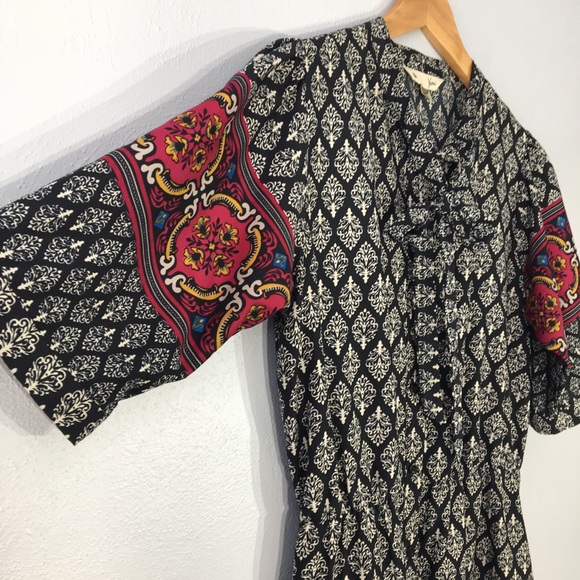 Yumi Black White Ikat Dress Border Print Tie Neck - Picture 4 of 16